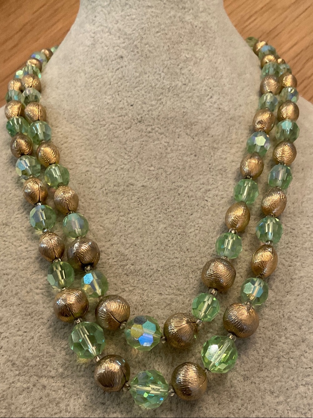 Vintage Multistrand Faceted Green AB Glass Bead Necklace